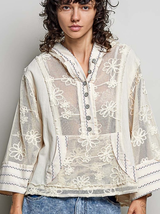 POL Tops - 💕POL Embroidered Cream Lace Hooded Pullover